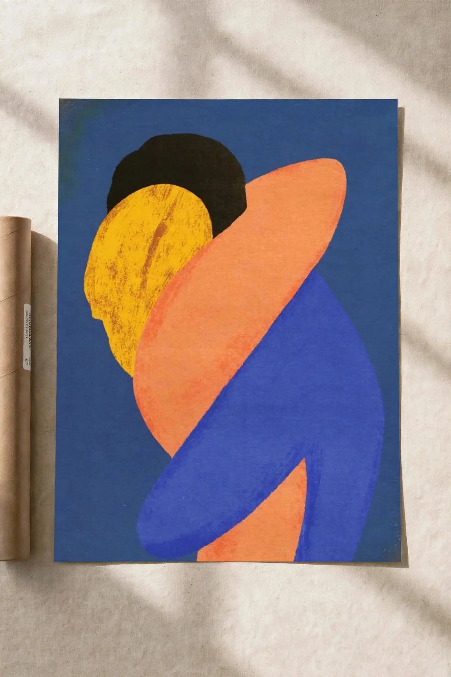 Abstract art poster with blue background and orange, yellow, and black curved shapes