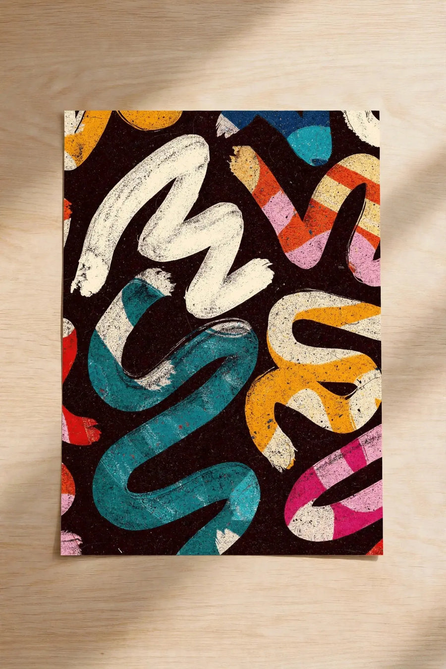 Square abstract art print with black background and colorful graffiti-style scribbles