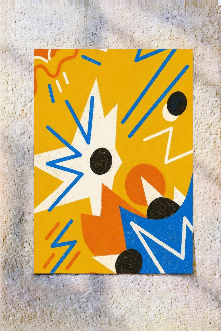 Abstract electric joy wall art poster with blue, yellow, orange shapes and black dots