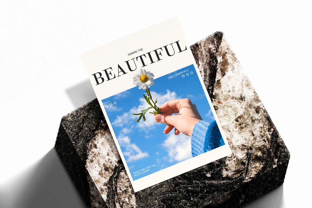 Hand holding a white daisy under blue sky with Admire the Beautiful lettering; unframed print on a stone display