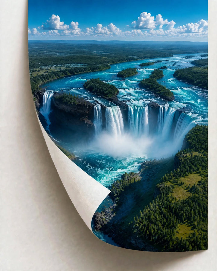 Blue Cascade Waterfall Art Print styled with natural wood decor for a modern nature inspired living space