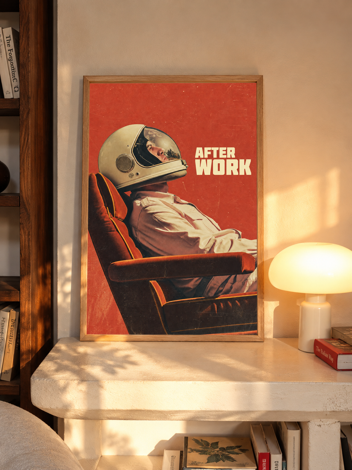 An astronaut reclining in an armchair against a burnt-orange ground in an oak frame above a pale wooden sideboard beside a glowing lamp