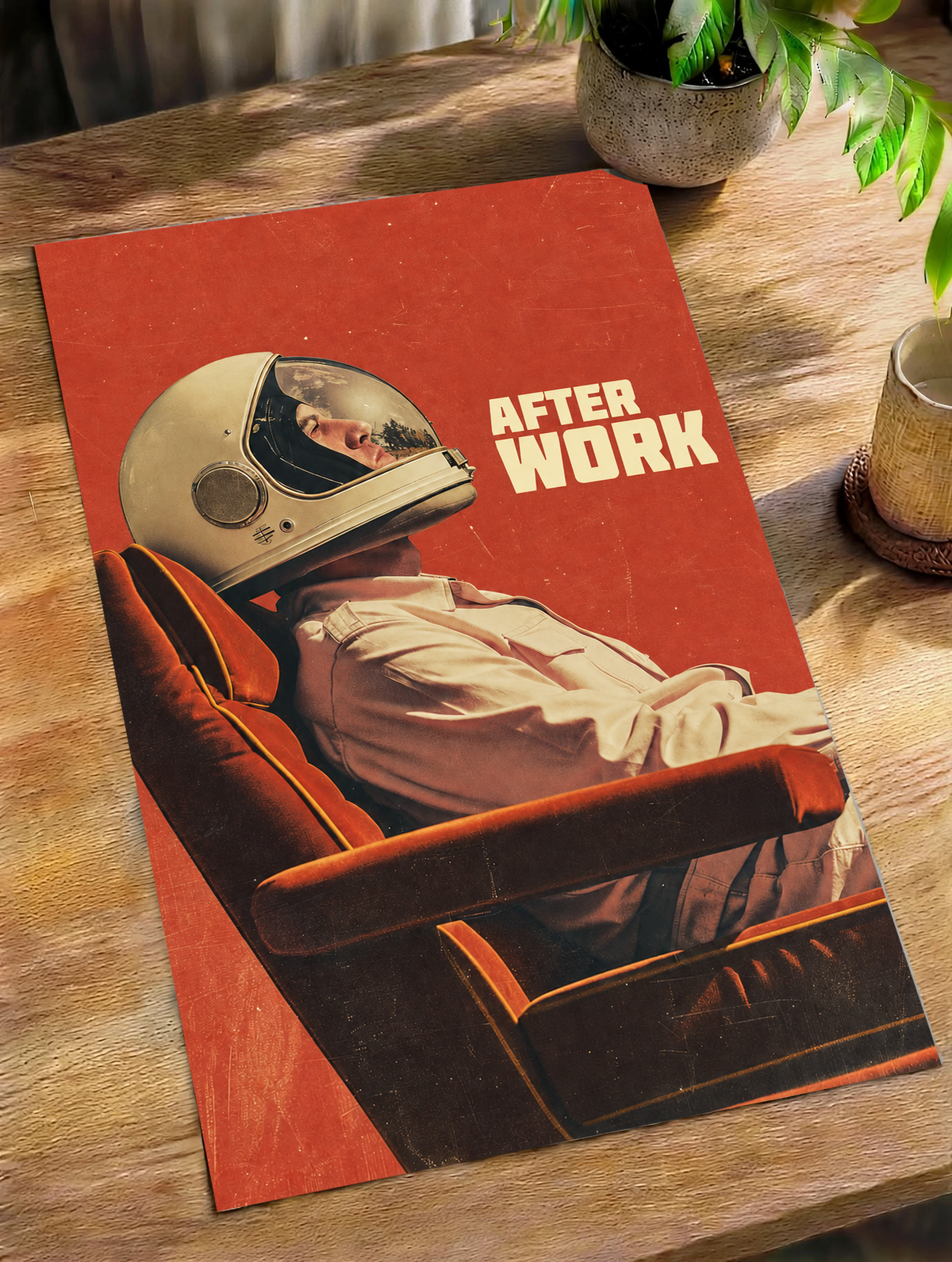 An astronaut reclining in an armchair against a burnt-orange ground as an unframed poster lying on a wooden table beside a plant