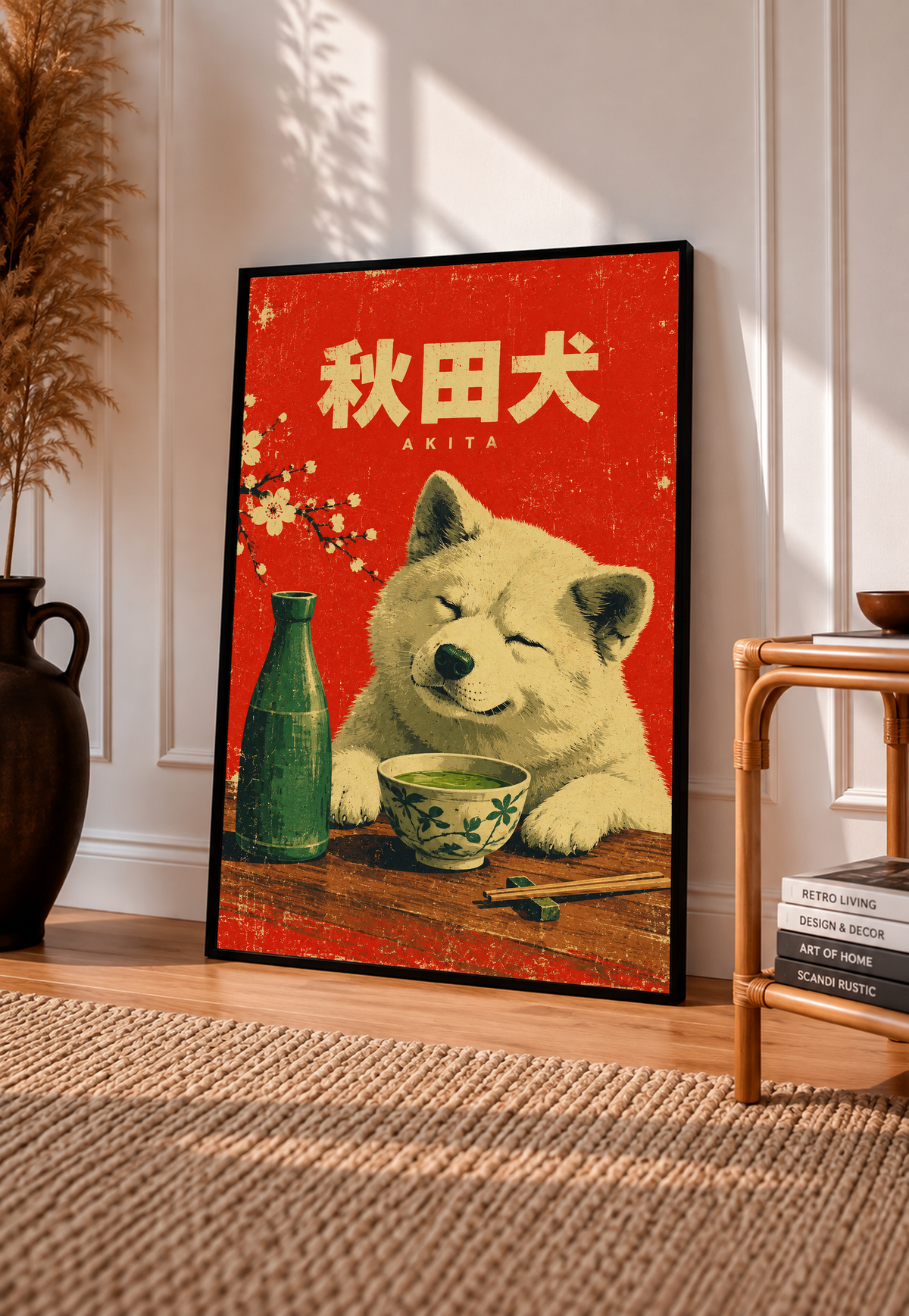 Red Akita dog tea poster with Japanese lettering, green bottle and bowl on wooden tray.
