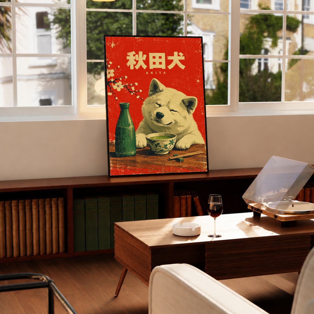 Framed red Akita dog tea poster with Japanese characters, green bottle and bowl.