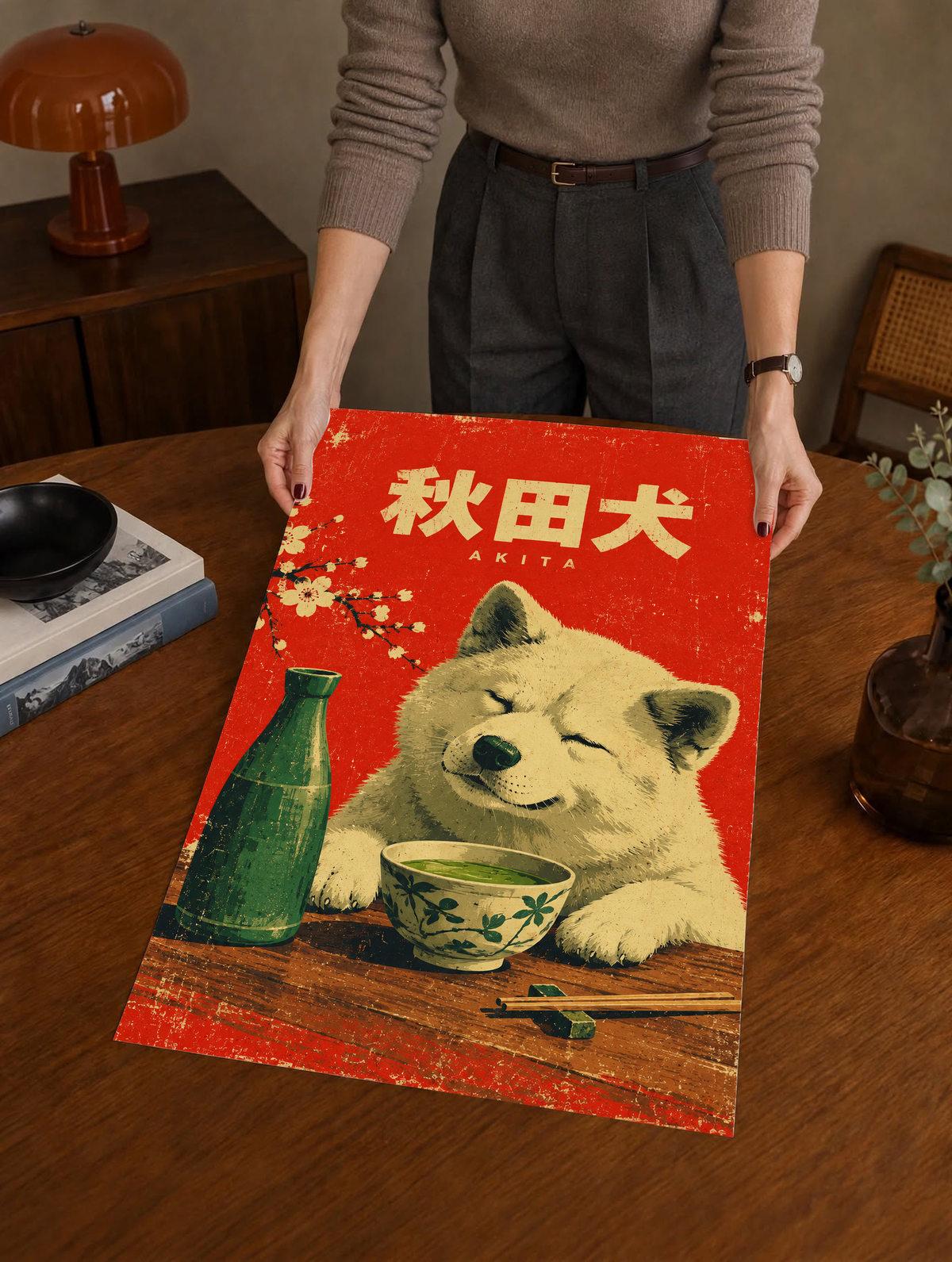 Held red Akita dog tea poster featuring Japanese lettering, green bottle and bowl.