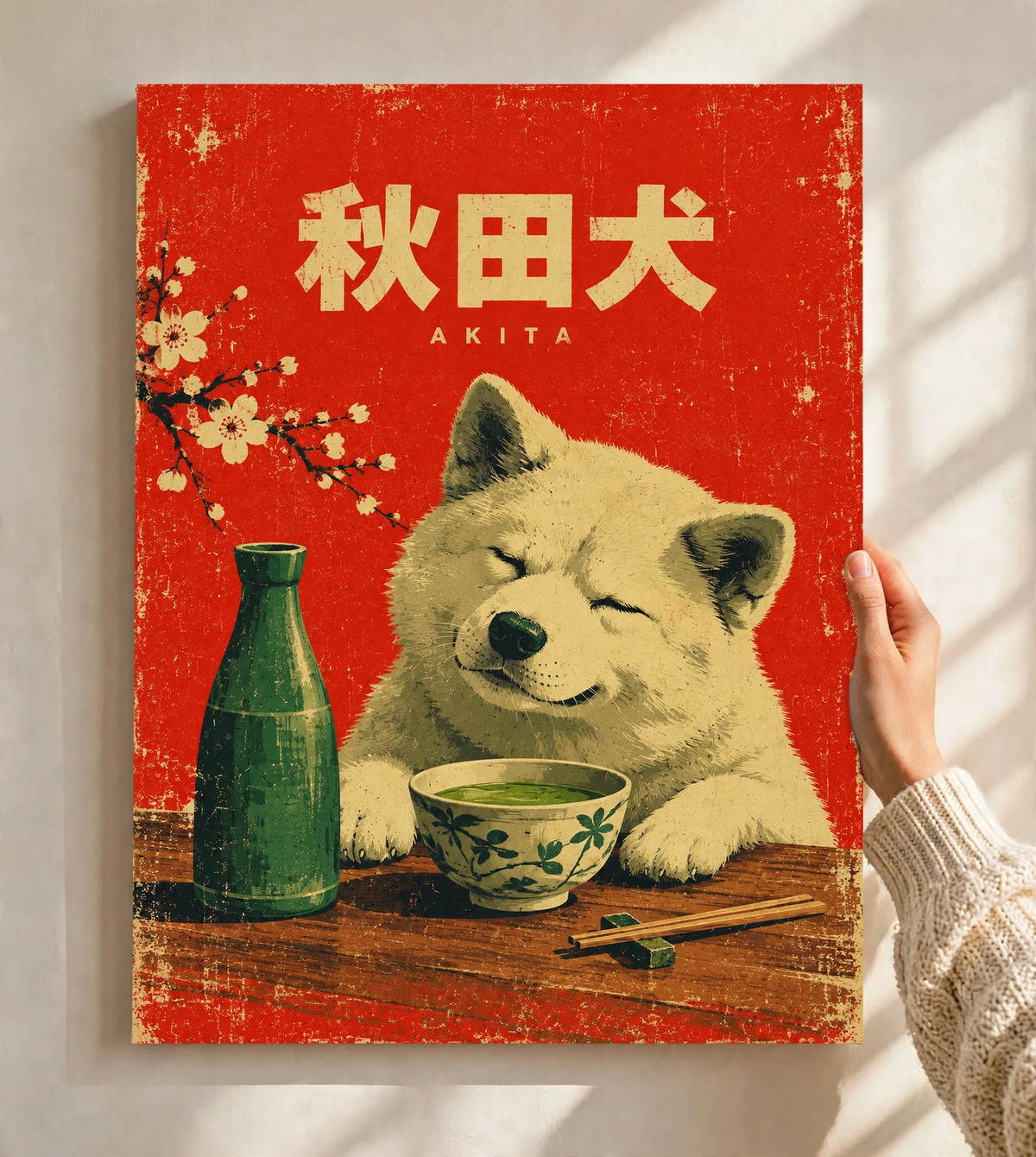 Red Akita dog tea poster with Japanese lettering, green bottle and patterned bowl.