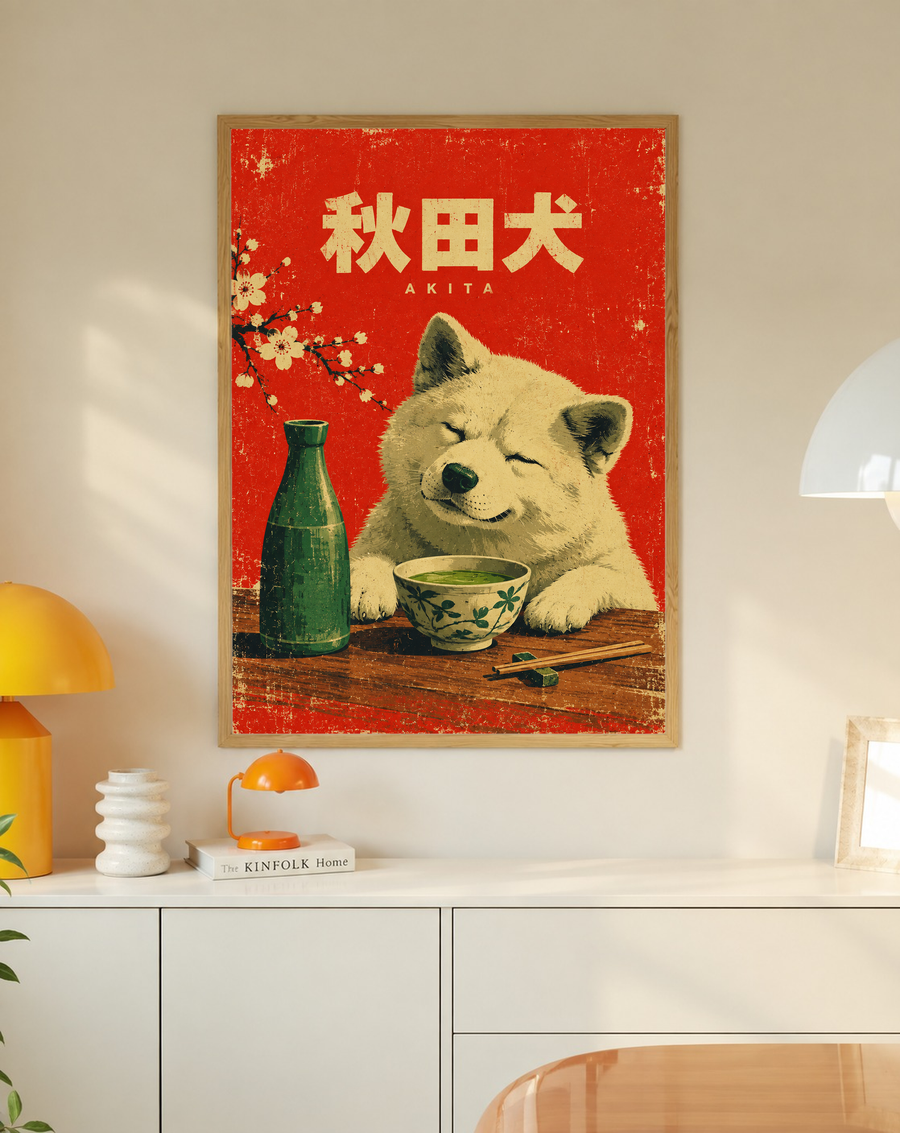Framed red Akita dog tea poster featuring Japanese characters, green bottle and bowl.