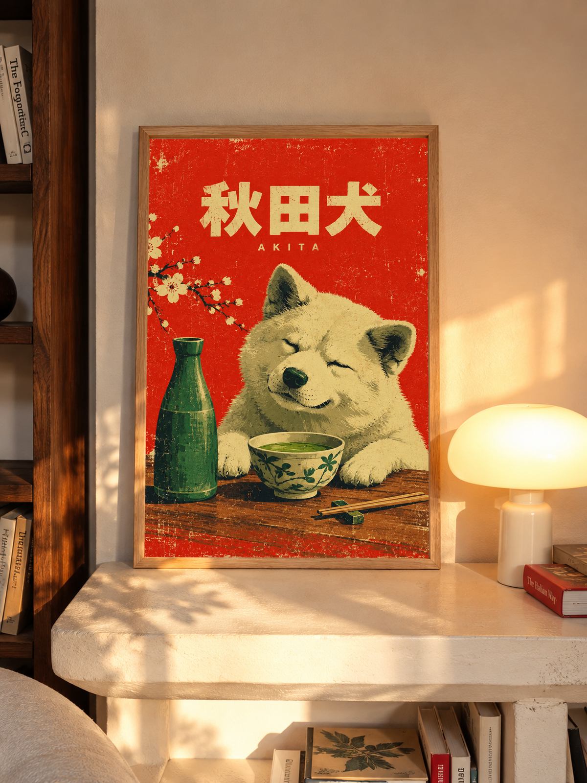 Framed red Akita dog tea poster with Japanese characters, green bottle and bowl.