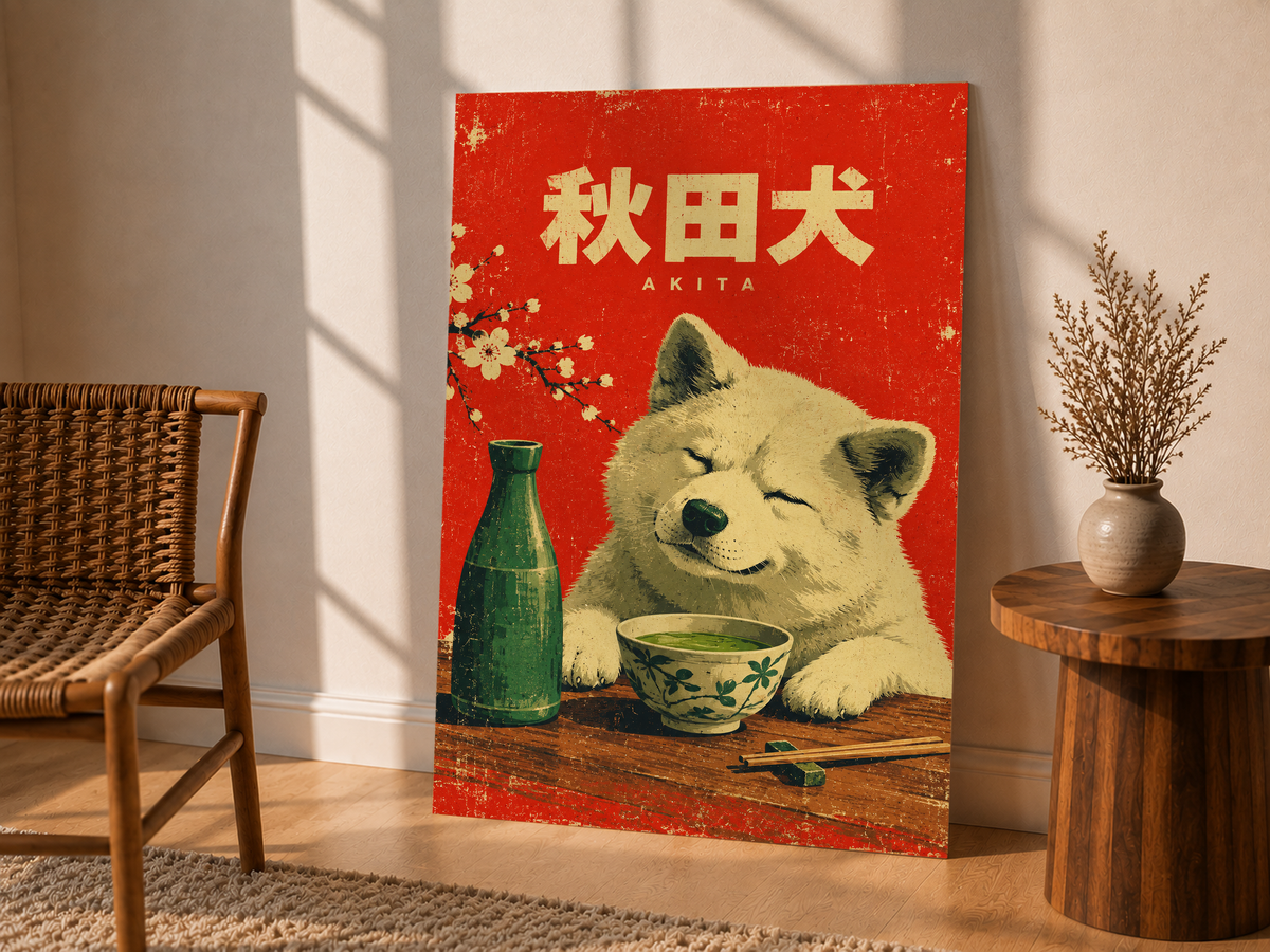 Akita dog tea poster with green teacup and Japanese lettering