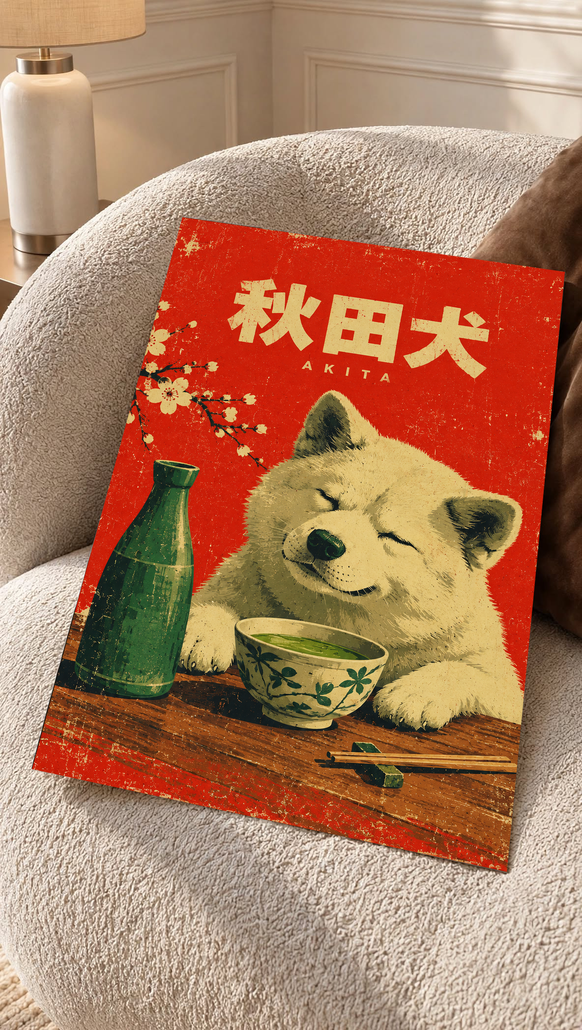 Red Akita dog tea poster with Japanese text, green bottle and patterned bowl graphic.