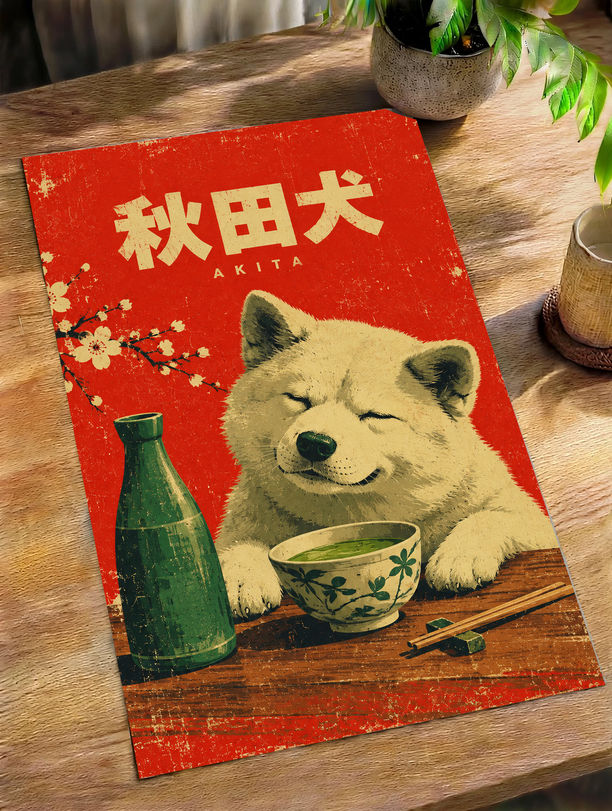 Red Akita dog tea poster with Japanese lettering, green bottle and decorative bowl on wood.