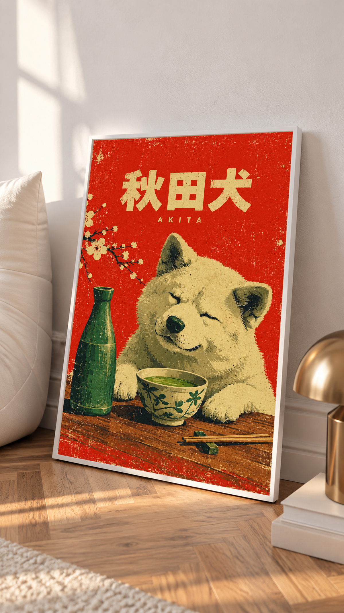 Red Akita dog tea poster with Japanese text, green bottle and patterned bowl illustration.