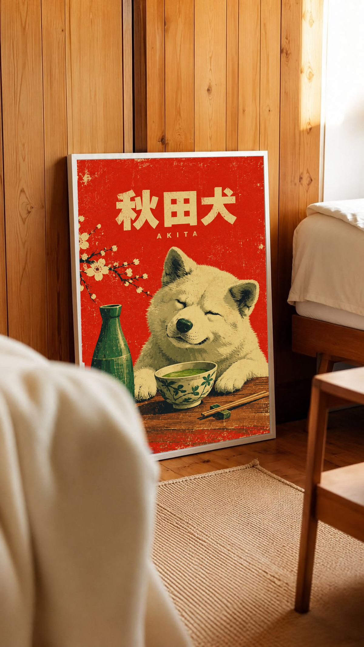 Red Akita dog tea poster with Japanese lettering, green bottle and patterned bowl, framed.