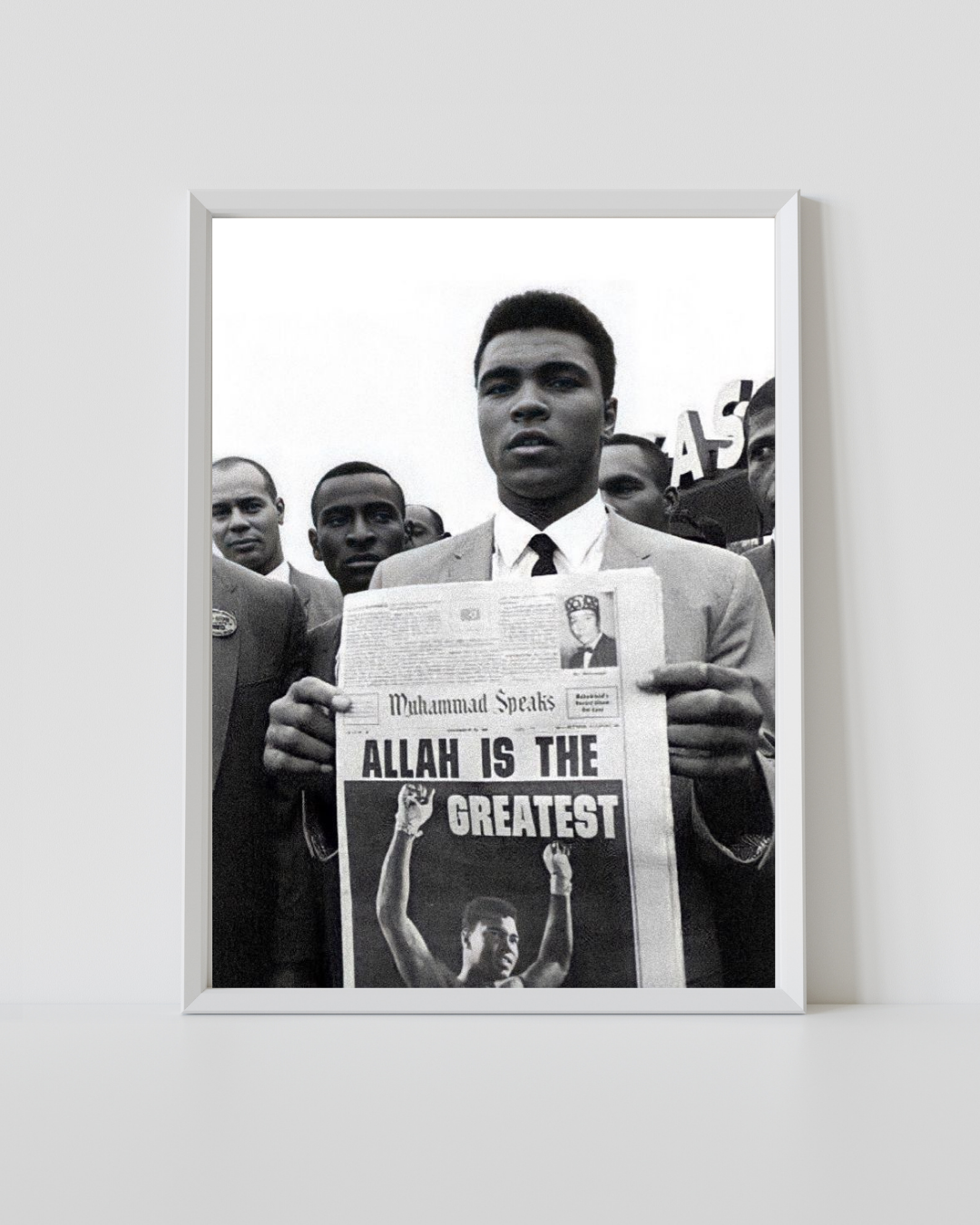 Muhammad Ali holding Allah Is the Greatest newspaper black and white poster in a white frame