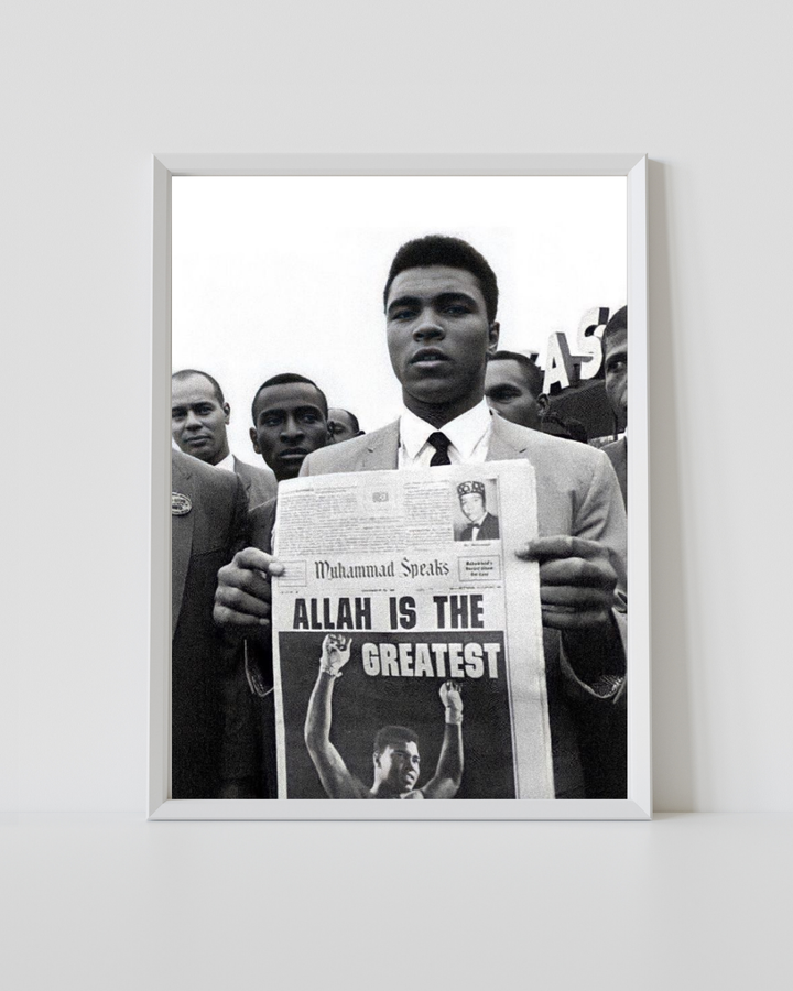 Muhammad Ali holding Allah Is the Greatest newspaper black and white poster in a white frame