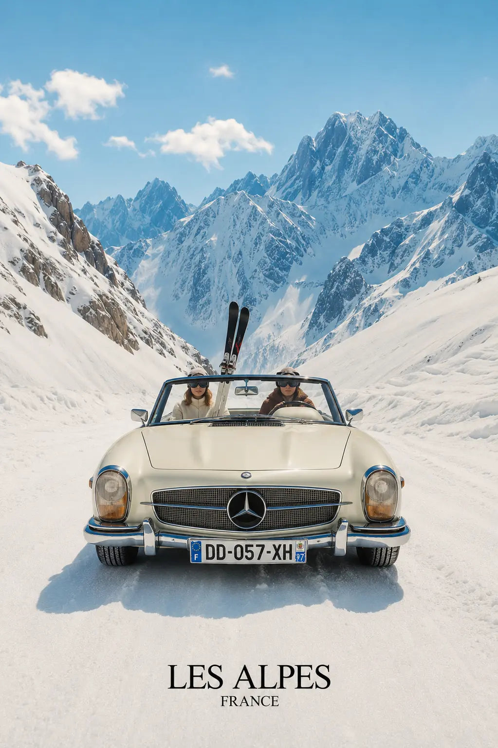 Alpine travel poster showing classic car in snowy mountains with 'LES ALPES' wording