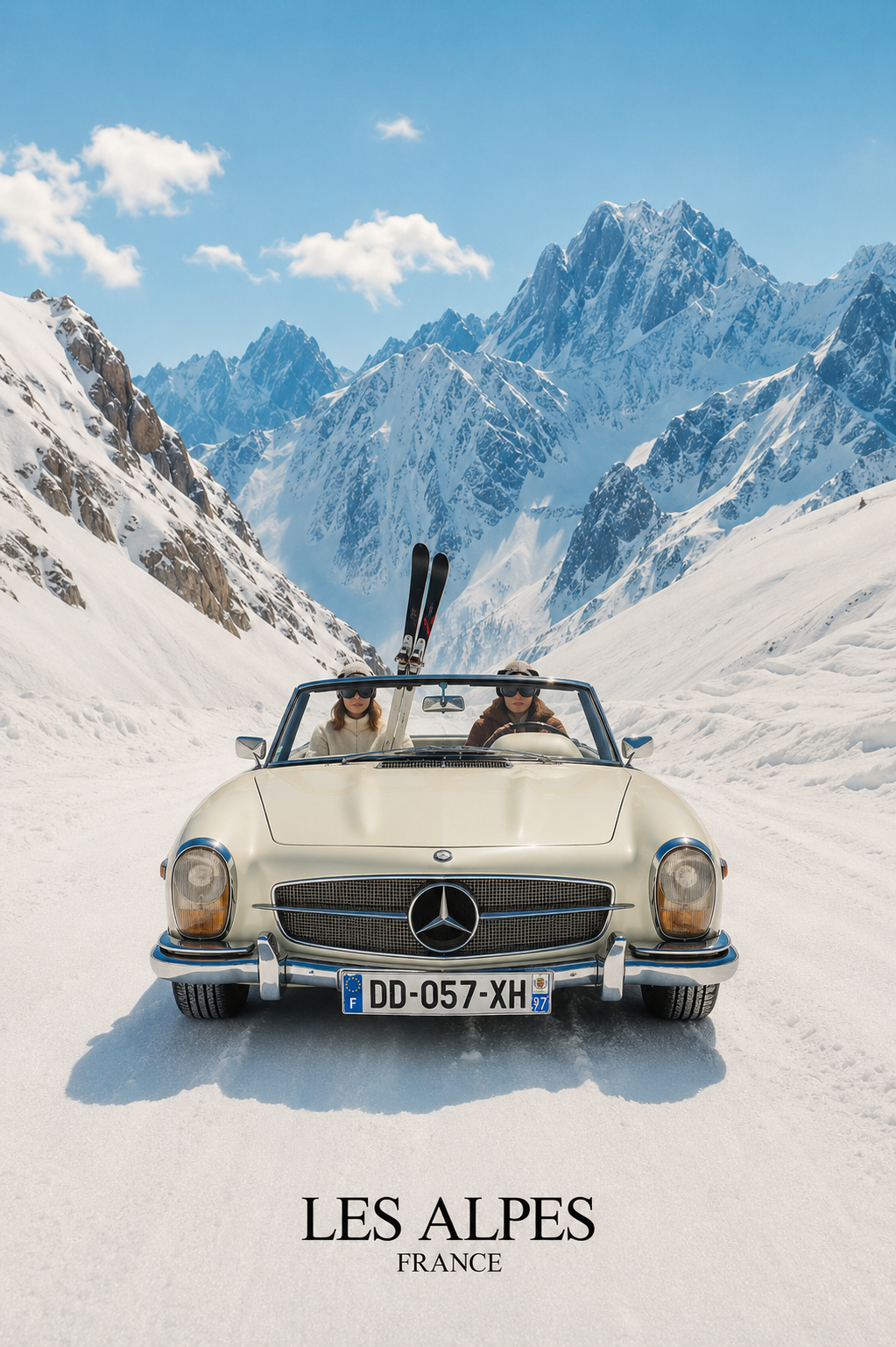 Alpine classic car travel poster with snowy mountain peaks and vintage automotive styling
