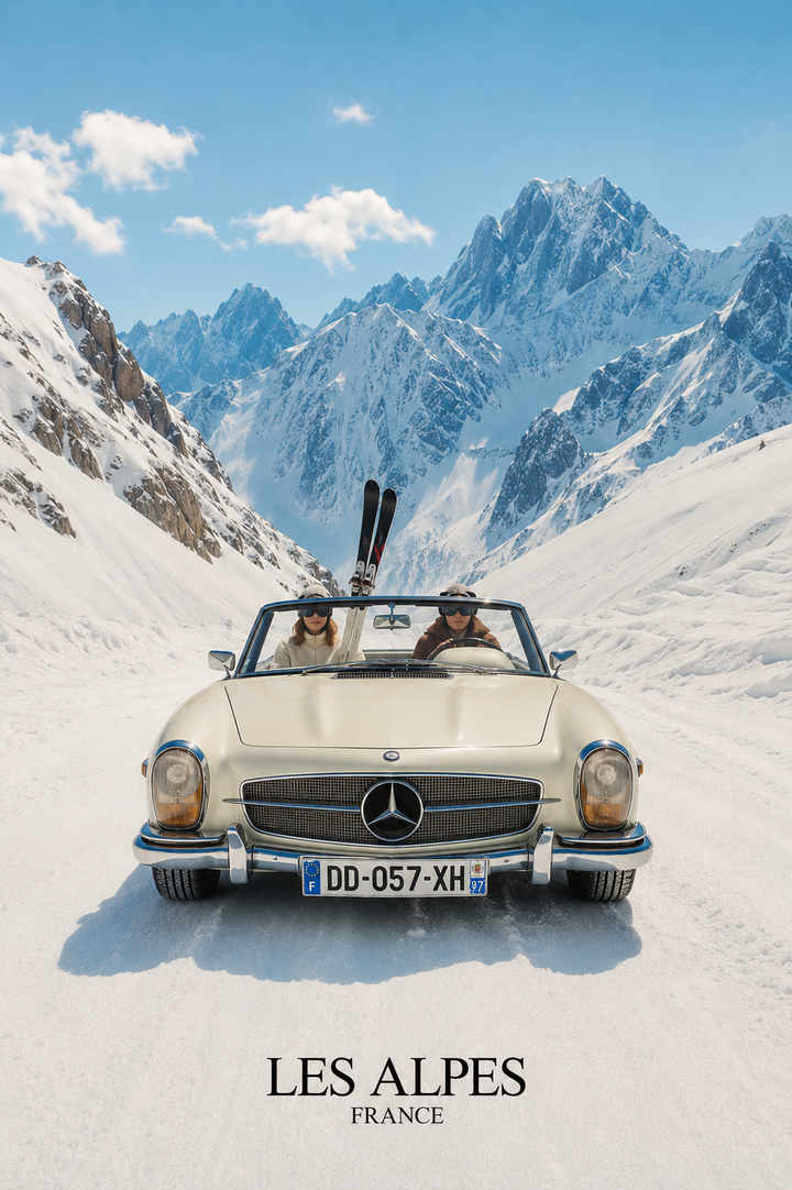Alpine classic car travel poster with snowy mountain peaks and vintage automotive styling