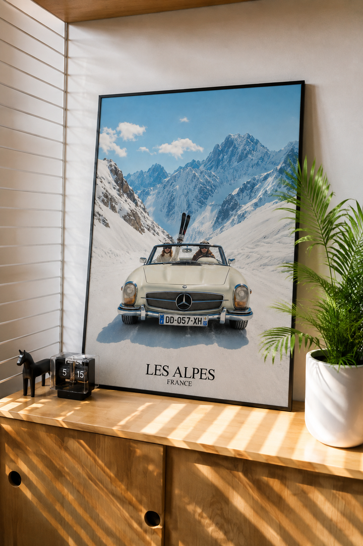 Alpine classic car travel poster styled in a modern interior
