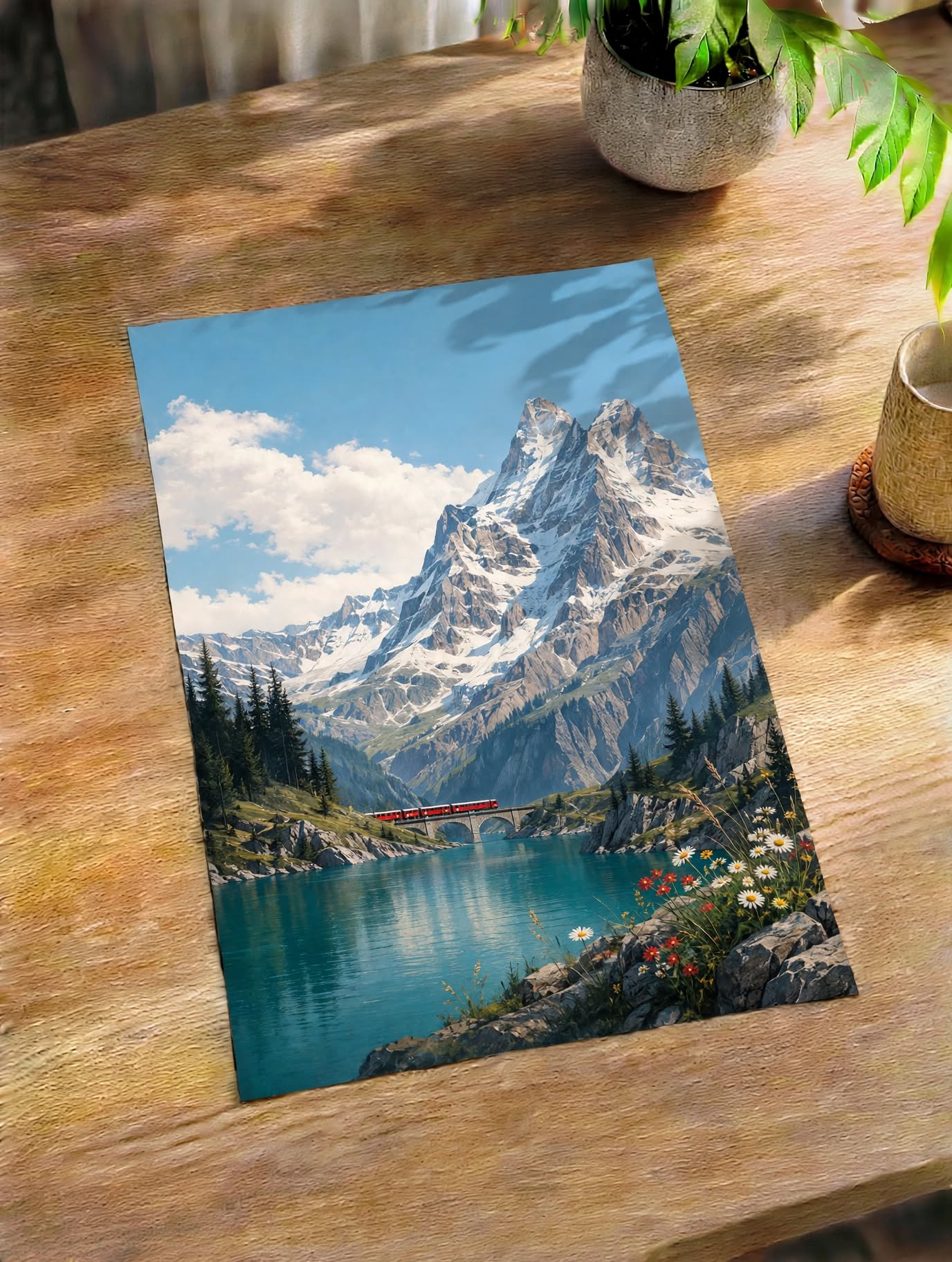 Alpine Lake Mountain Art Print featuring vintage inspired mountain scenery and peaceful lake reflections