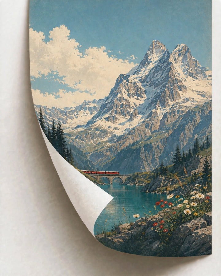 Alpine Lake Mountain Art Print displayed as vintage nature wall art for living rooms and creative spaces