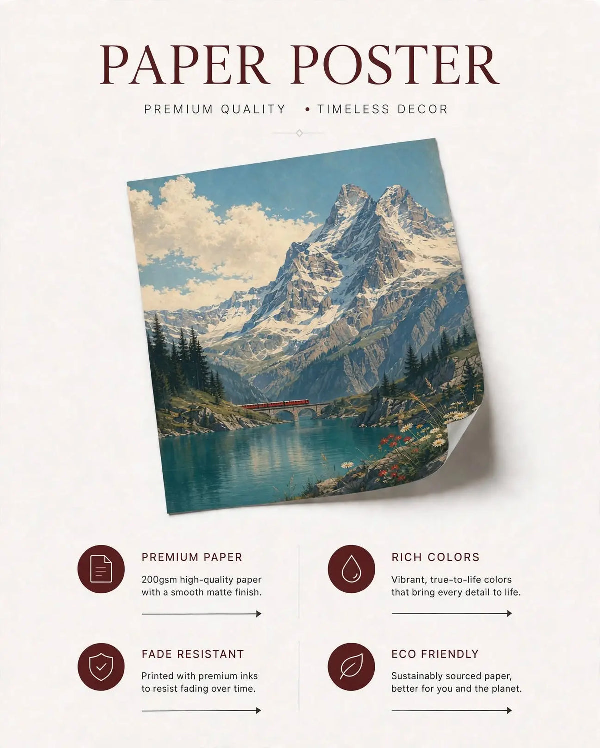 Paper poster featuring mountain lake scene with snowcapped peaks and pine trees