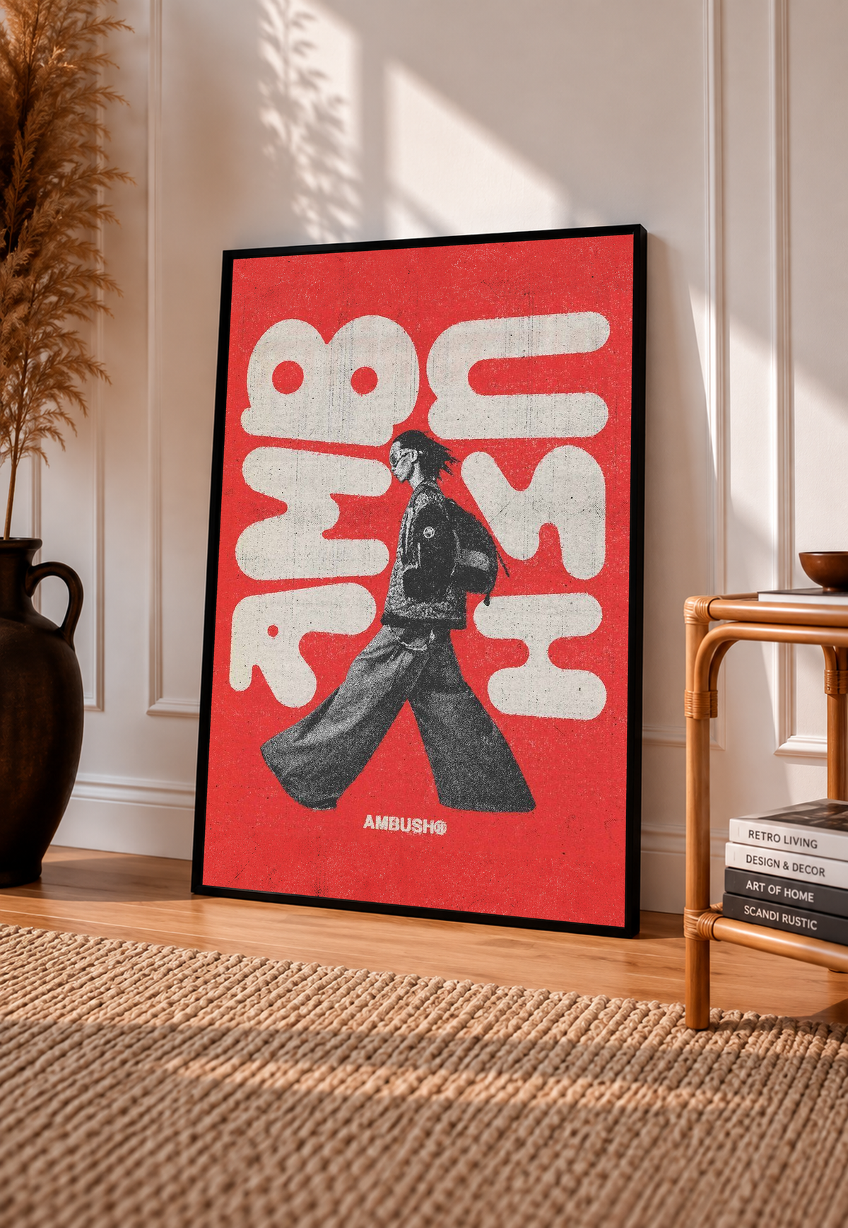 Framed red poster with white abstract letters and black walking figure; AMBUSH at bottom