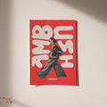 Red poster with white abstract typography and a black walking figure; AMBUSH text