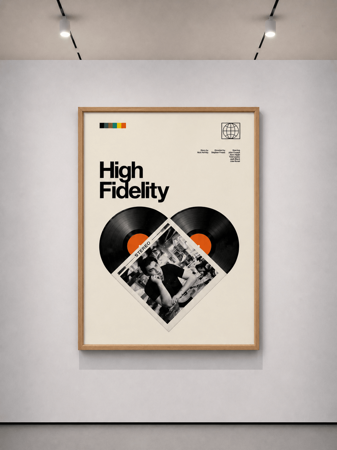 Poster incorniciato in rovere “High Fidelity” con collage a cuore di vinile