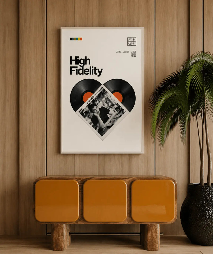 Póster con marco de roble “High Fidelity” con collage de corazón de discos de vinilo