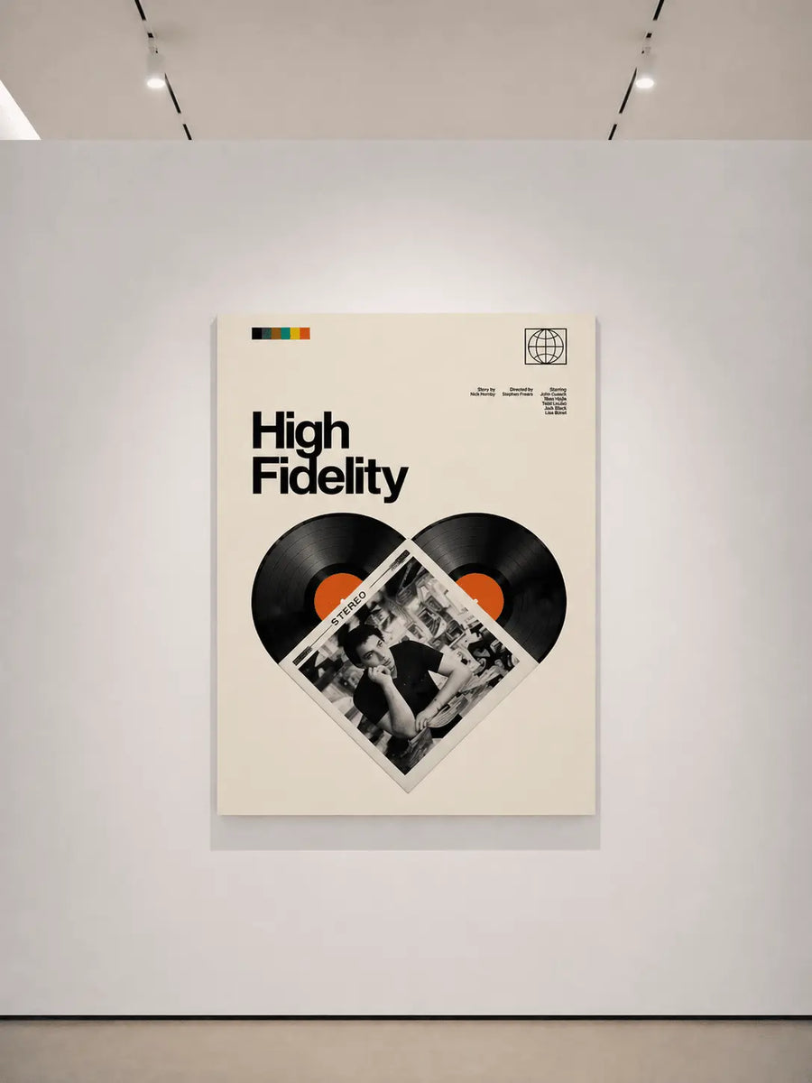 Póster con marco blanco “High Fidelity” con dos discos de vinilo y foto de diamante
