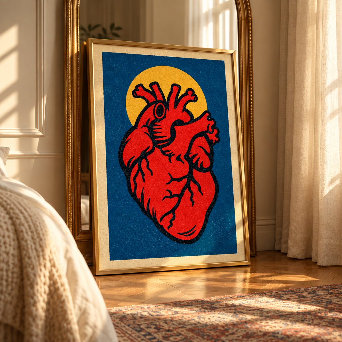 Framed vintage anatomical heart poster with red heart illustration on blue background
