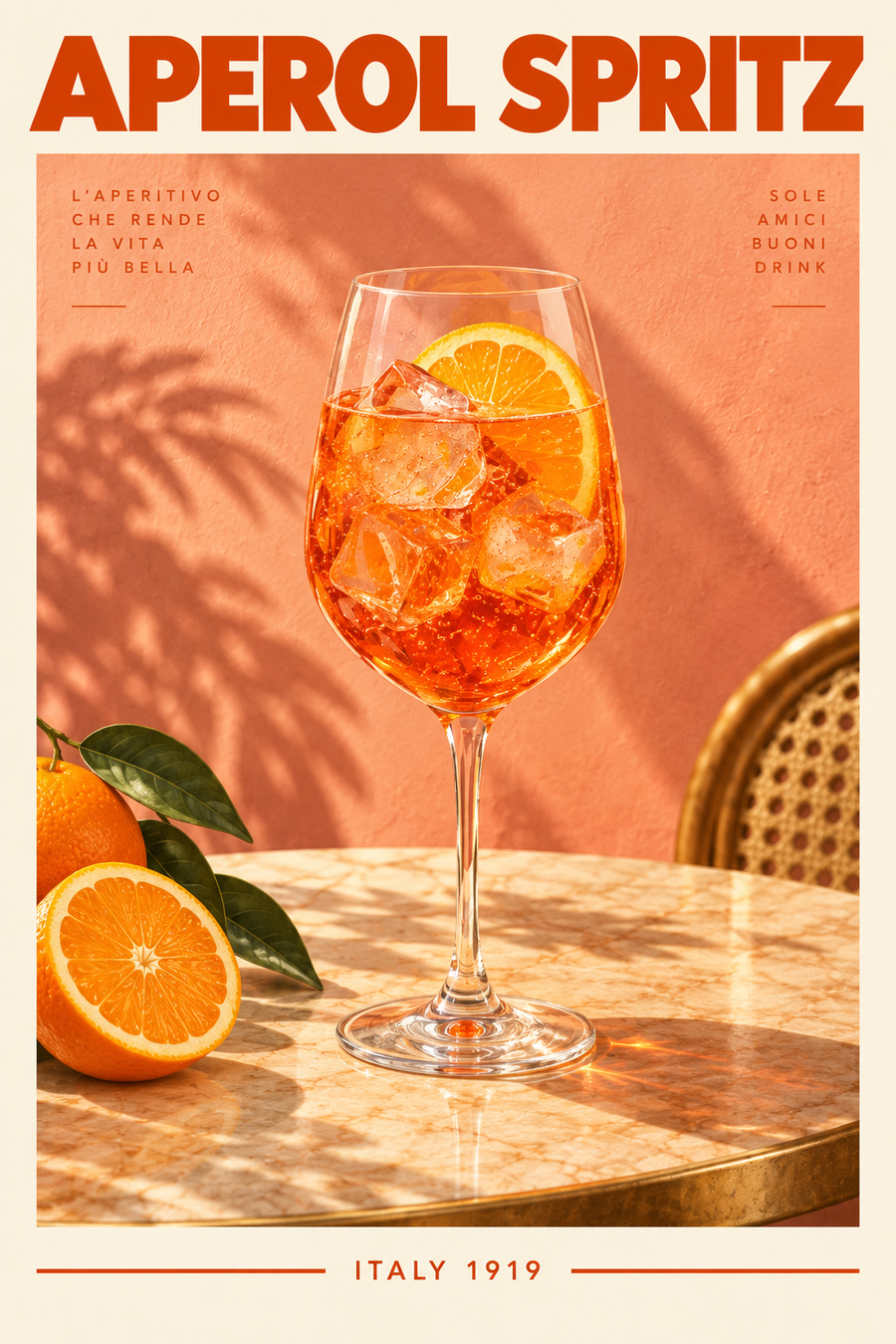 Aperol Spritz cocktail kitchen wall art poster with orange slices in warm Italian cafe tones