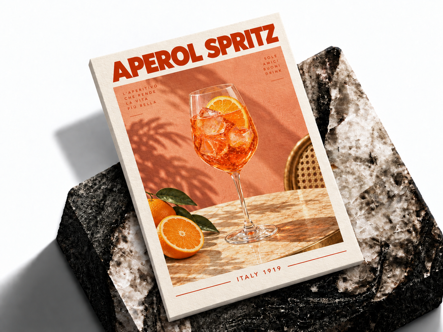 Aperol Spritz cocktail poster shown as a premium art print mockup