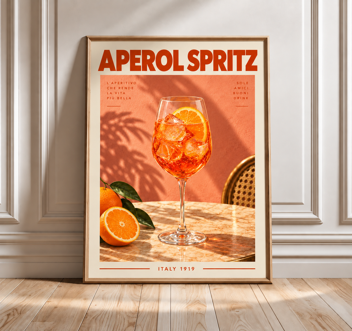 Framed Aperol Spritz kitchen wall art print in wooden frame with orange spritz glass