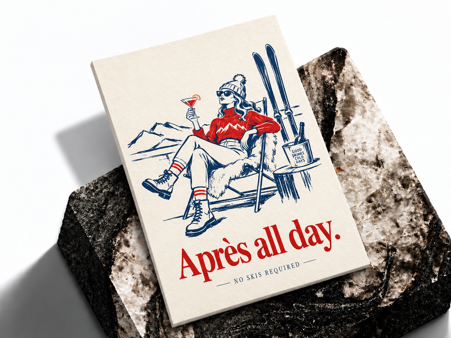 Apres All Day ski poster shown as a premium art print mockup