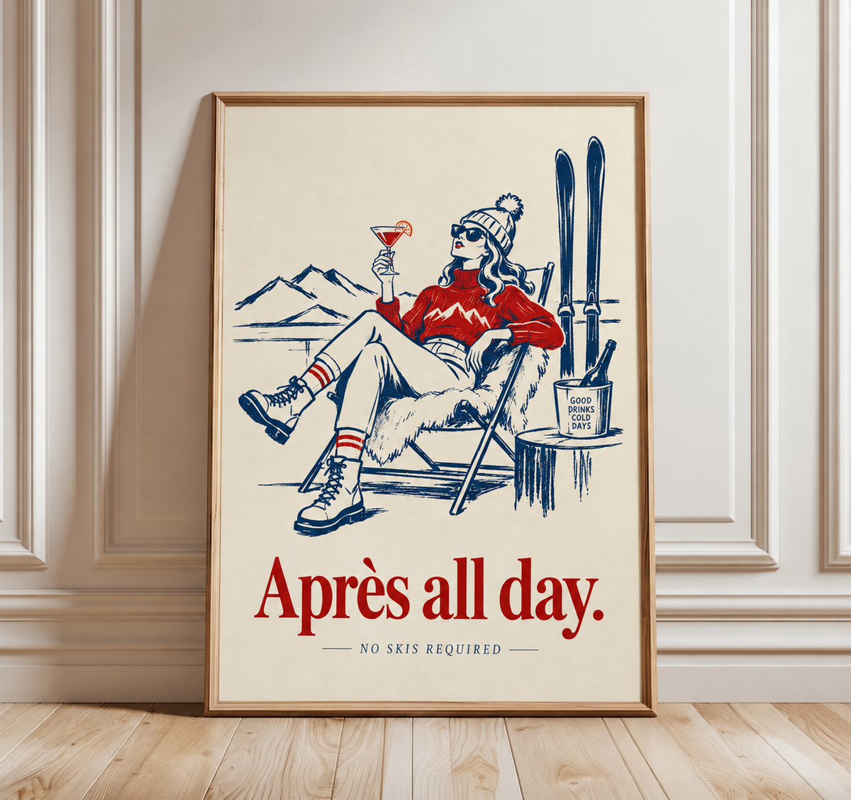 Framed ski bar wall art poster with woman in red sweater and Après all day text