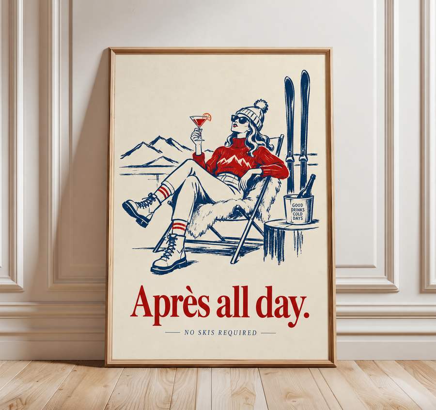 Apres All Day ski wall art displayed in a stylish bar and dining interior