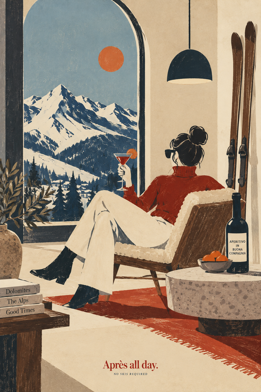 Apres ski mountain lounge wall art poster with skier relaxing beside snowy alpine peaks