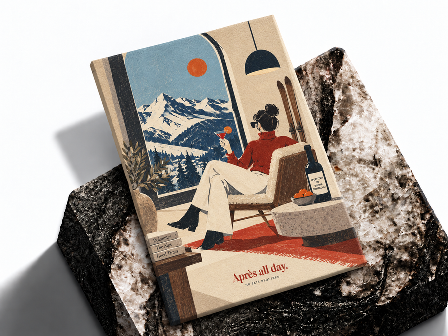 Apres ski mountain poster shown as a premium art print mockup