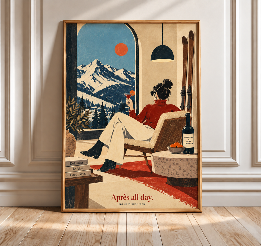 Apres ski mountain lounge wall art displayed in a warm contemporary interior