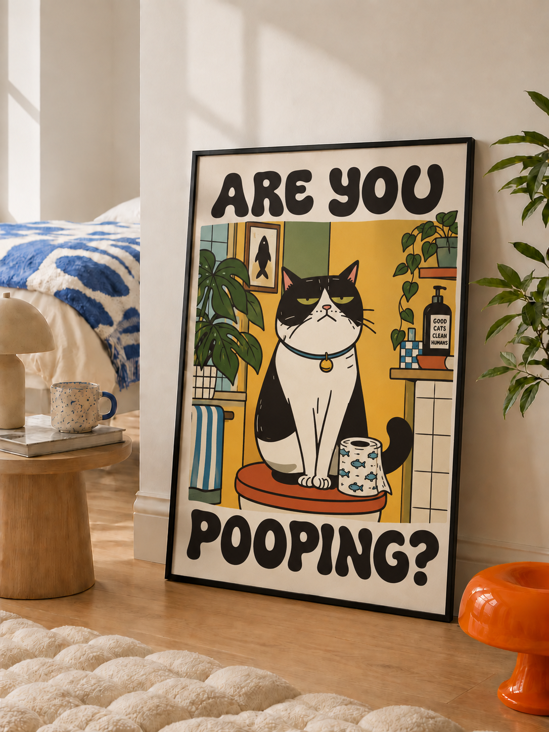 Are You Pooping funny cat bathroom wall art displayed in a modern interior