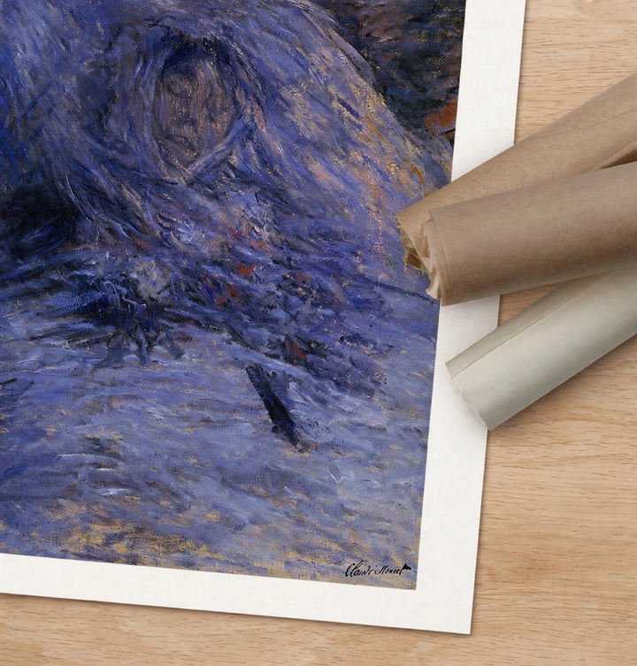 Monet figurative art print corner detail, blue impasto artwork on white backing