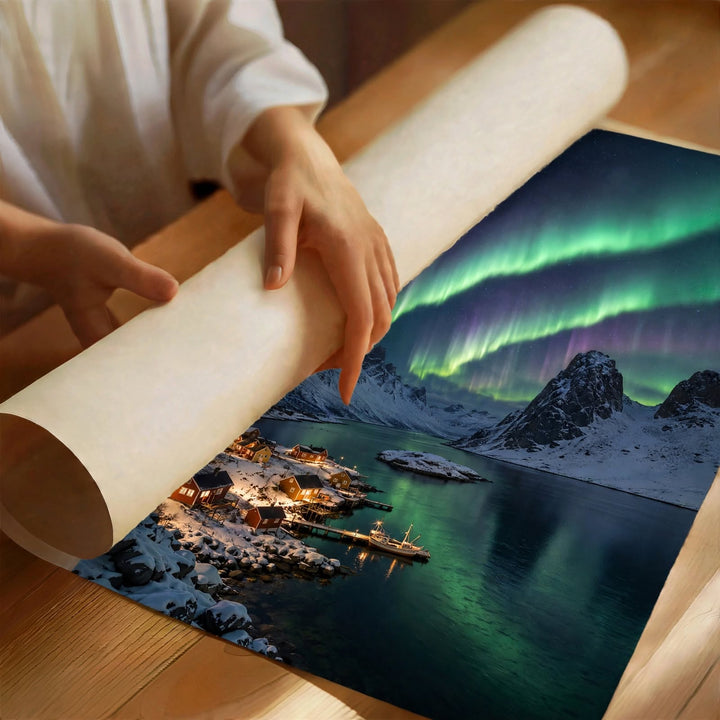 Northern Lights Aurora Art Print with snow covered peaks beneath a dramatic star filled night sky
