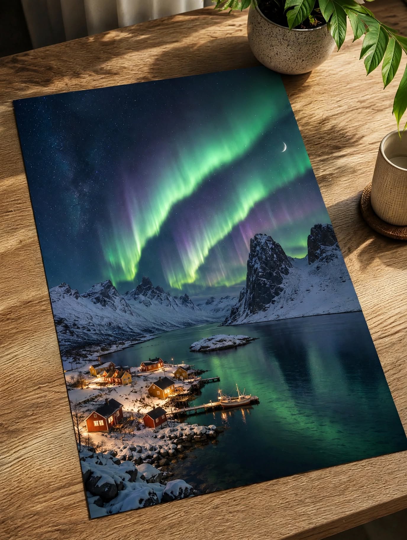 Northern Lights Aurora Art Print displayed as atmospheric winter wall art in a modern interior