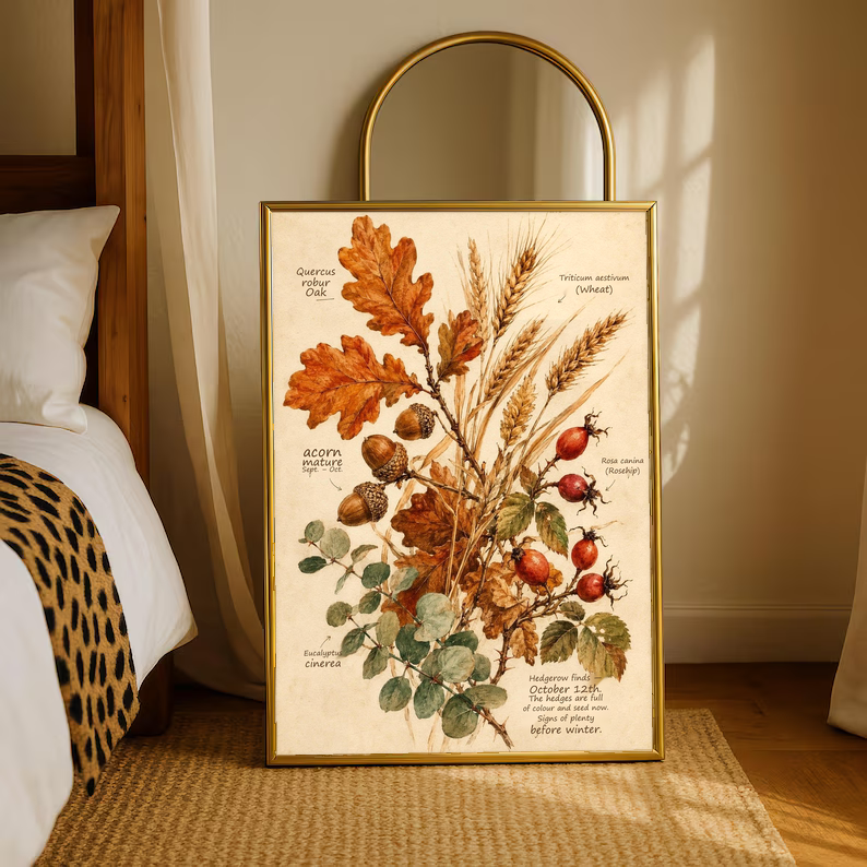Gold-trim framed botanical art print with oak leaves, wheat, and rose hips illustration.