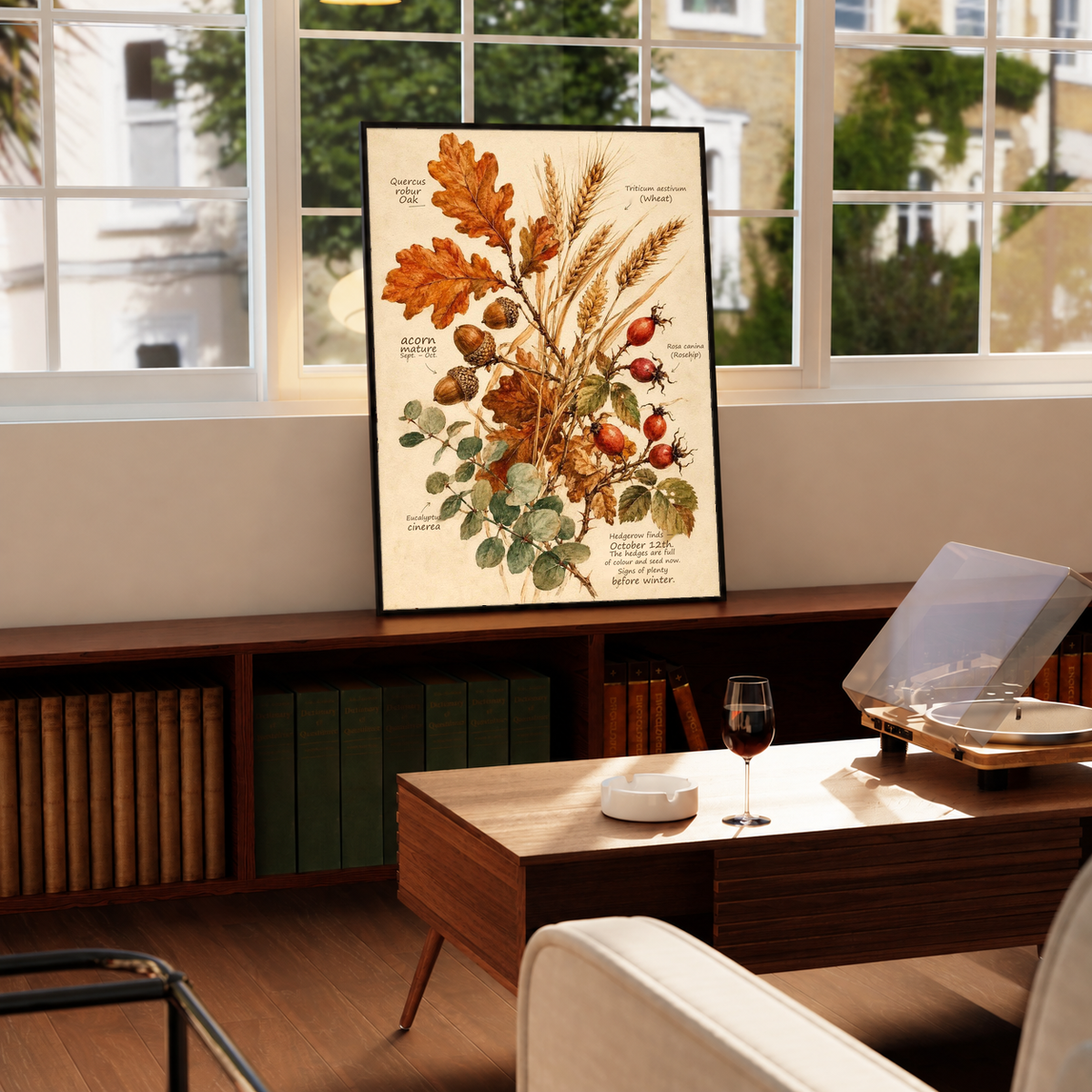 Framed botanical art print with oak leaves, wheat stalks, and rose hips, with small labels.