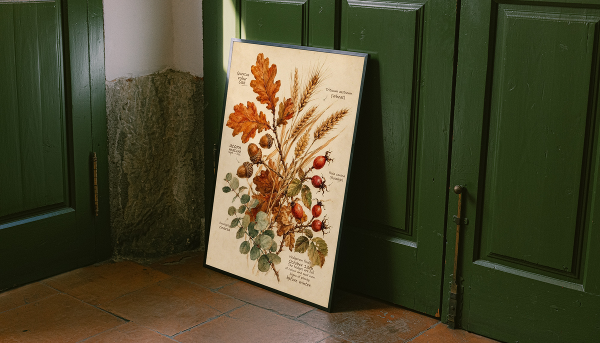 Framed botanical art print with oak leaves, wheat stalks, and rose hips in warm autumn tones.