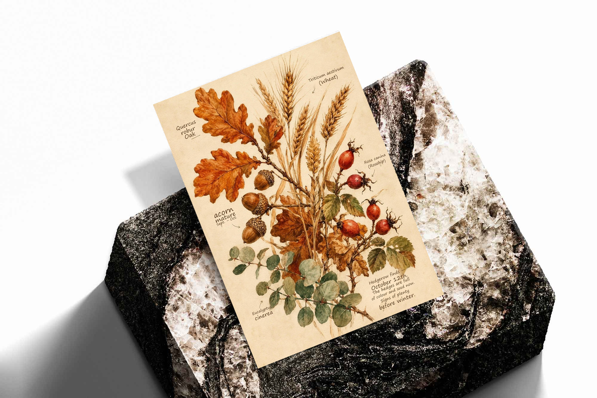 Angled botanical art print with oak leaves, wheat stalks, and rose hips in warm autumn tones.
